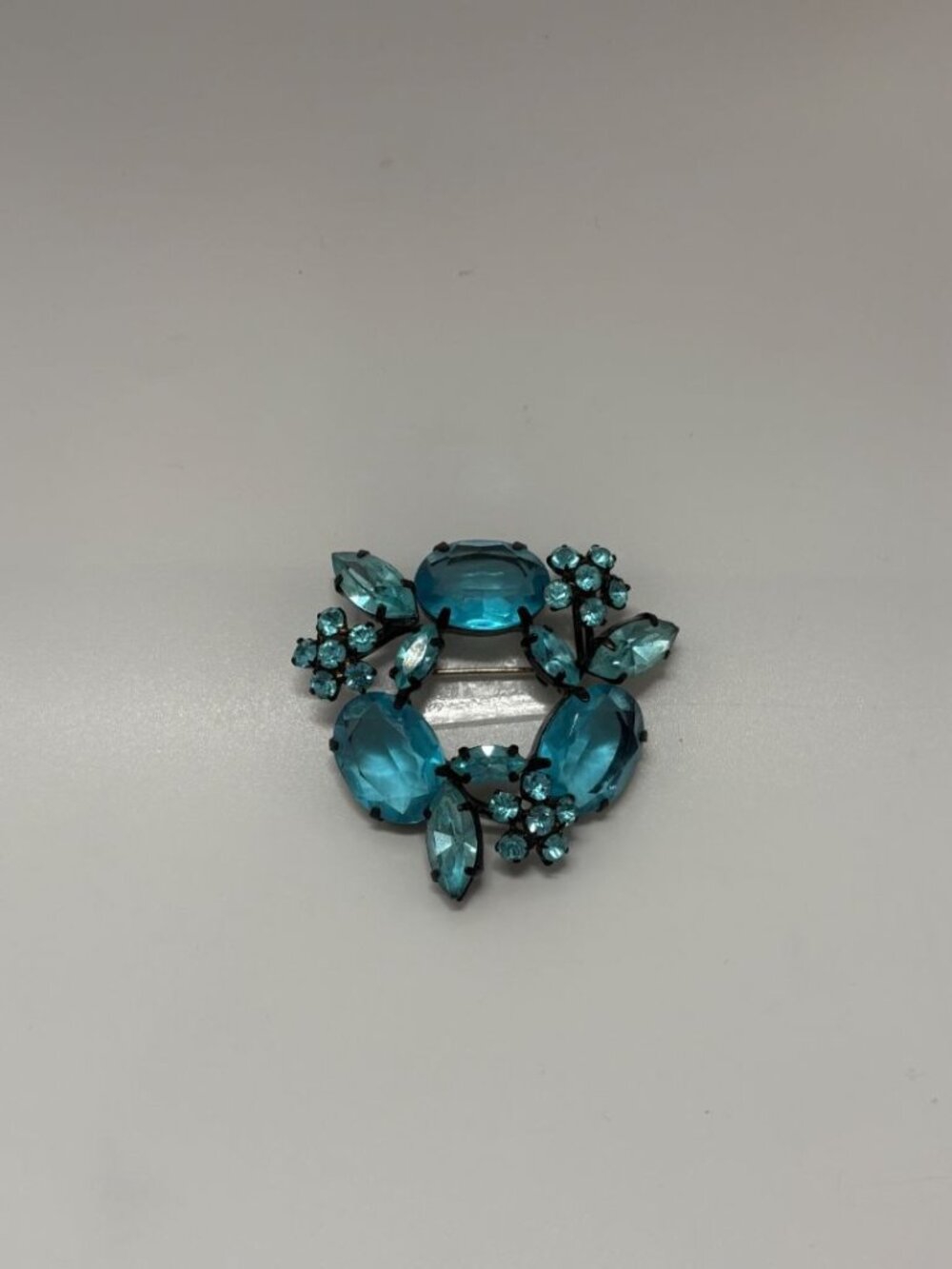 Black/Blue Vintage 1960s Mid Century Signed Joseph Warner Rhinestone Japanned Br